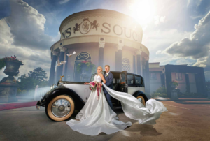 Houston bride in an elegant wedding gown at San Souci, captured outdoors in a romantic and timeless bridal portrait.