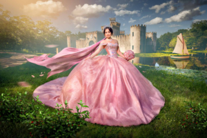 Quinceañera in elegant gown celebrating her 15th birthday in Houston, captured in a romantic portrait with soft natural light.