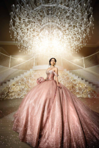 Quinceañera in a beautiful gown celebrating her 15th birthday in Houston, captured in a soft, elegant portrait.