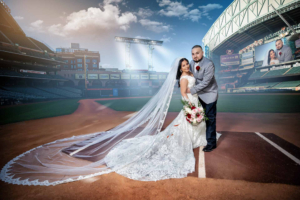 Bride and groom share an intimate moment in a romantic Houston wedding portrait, styled with timeless elegance and soft natural light.